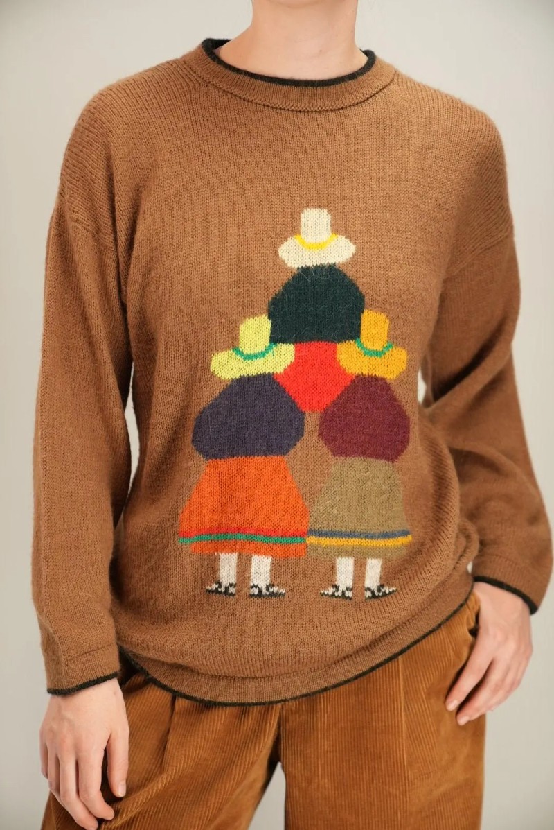 Whimsical Figure Intarsia Wool Knit Sweater