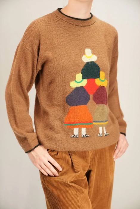 Whimsical Figure Intarsia Wool Knit Sweater