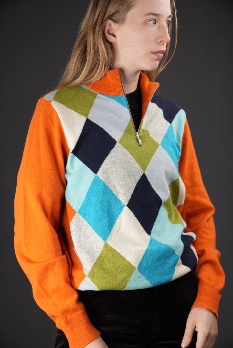 Argyle Half-Zip Wool Knit Sweater