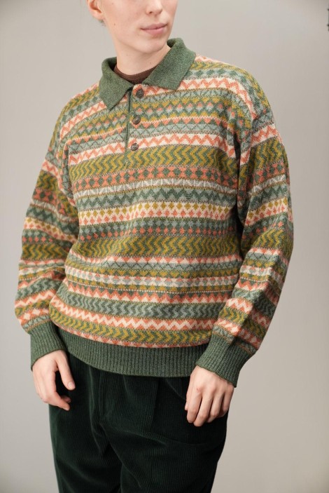 Fair Isle Stripe Polo-Collar Wool Knit Sweater