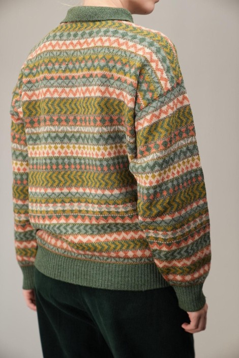 Fair Isle Stripe Polo-Collar Wool Knit Sweater