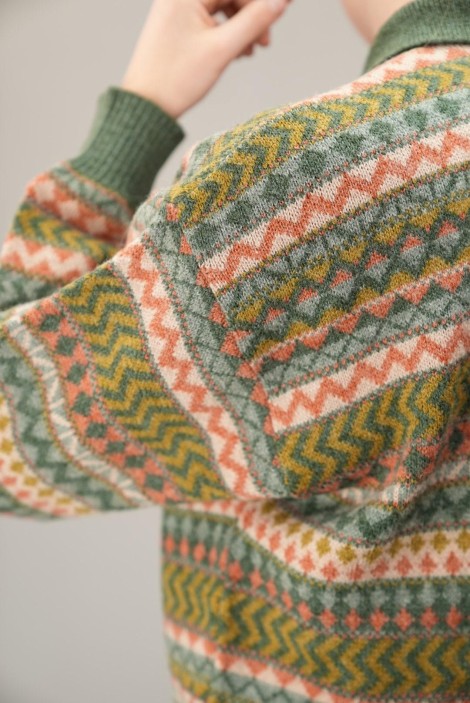 Fair Isle Stripe Polo-Collar Wool Knit Sweater