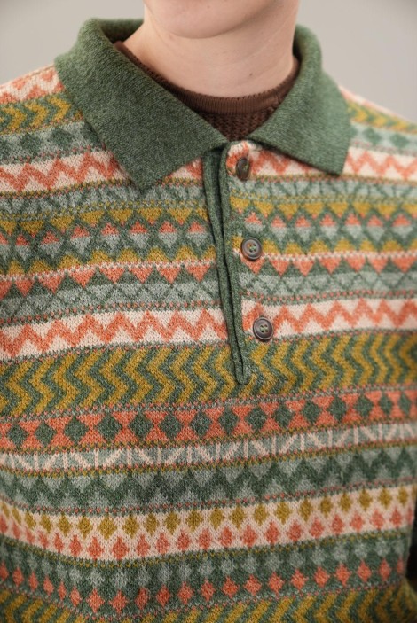 Fair Isle Stripe Polo-Collar Wool Knit Sweater