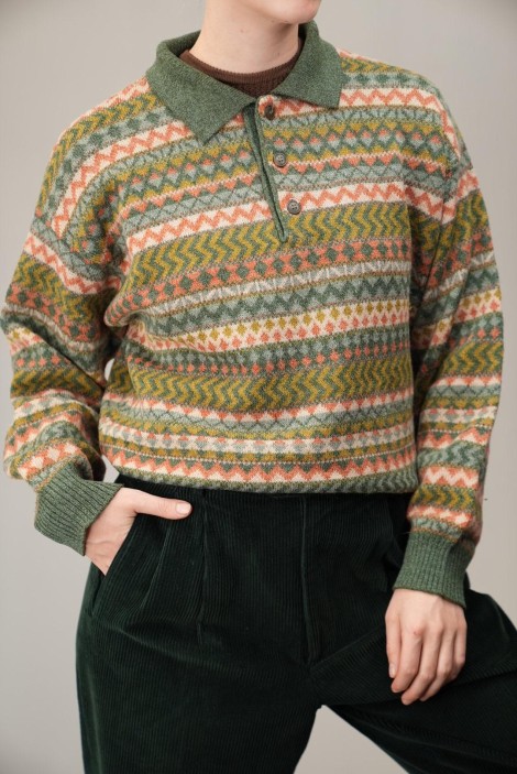 Fair Isle Stripe Polo-Collar Wool Knit Sweater