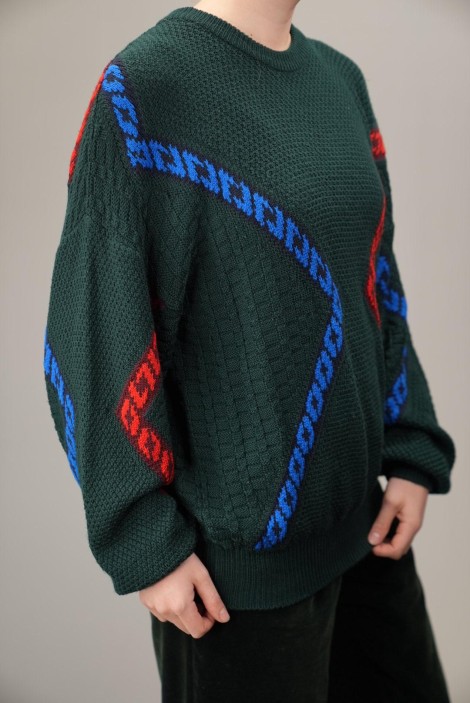 Textured Wool Knit Sweater with Contrast Wave Stripes