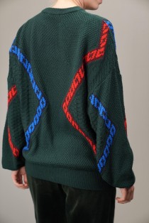 Textured Wool Knit Sweater with Contrast Wave Stripes