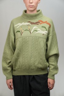 Turtleneck Floral Jacquard Cable Wool Sweater