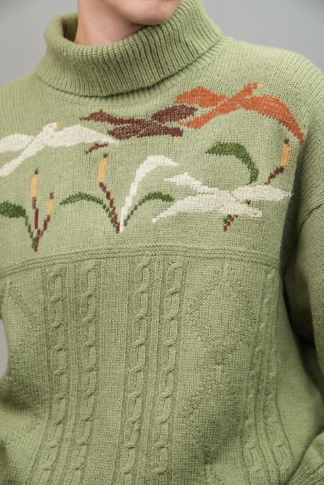 Turtleneck Floral Jacquard Cable Wool Sweater
