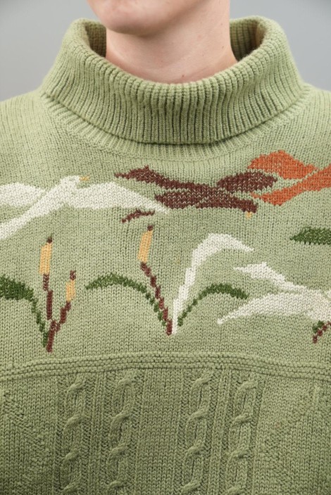 Turtleneck Floral Jacquard Cable Wool Sweater
