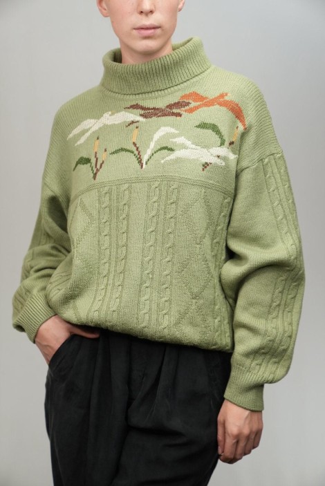 Turtleneck Floral Jacquard Cable Wool Sweater