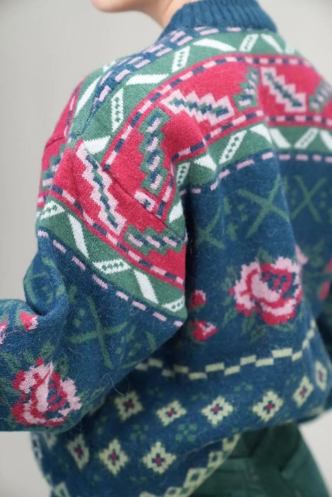 Floral Fair Isle Jacquard Wool Knit Sweater