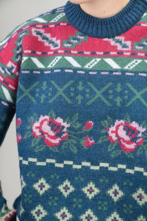 Floral Fair Isle Jacquard Wool Knit Sweater