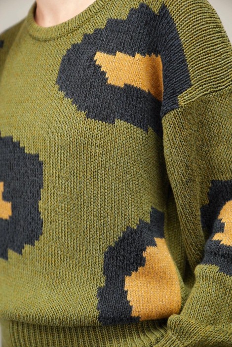 Abstract Color-Block Wool Knit Sweater