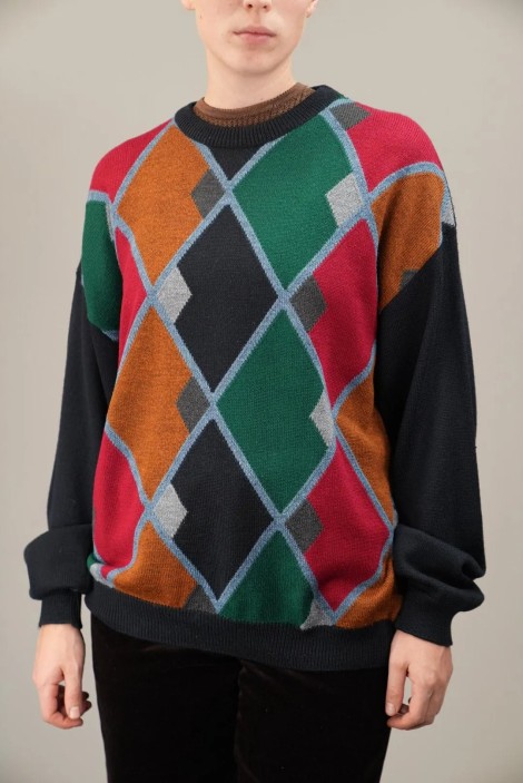 Color-Block Argyle Wool Knit Sweater