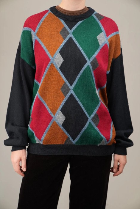 Color-Block Argyle Wool Knit Sweater