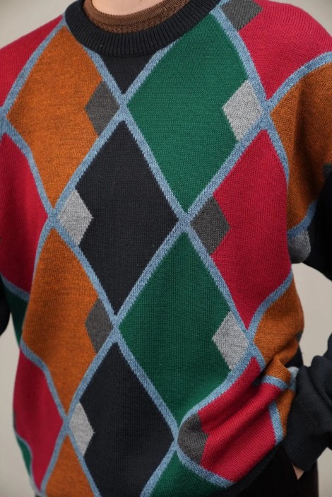 Color-Block Argyle Wool Knit Sweater