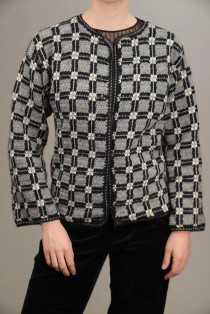 Textured plaid jacquard wool knit cardigan sweater