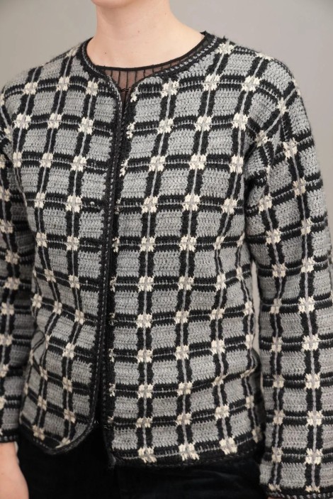 Textured plaid jacquard wool knit cardigan sweater