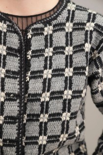 Textured plaid jacquard wool knit cardigan sweater