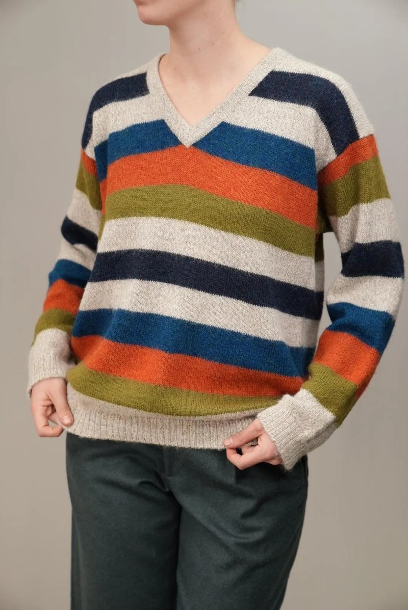Multicolor Stripe V-Neck Wool Knit Sweater