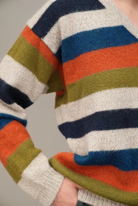 Multicolor Stripe V-Neck Wool Knit Sweater