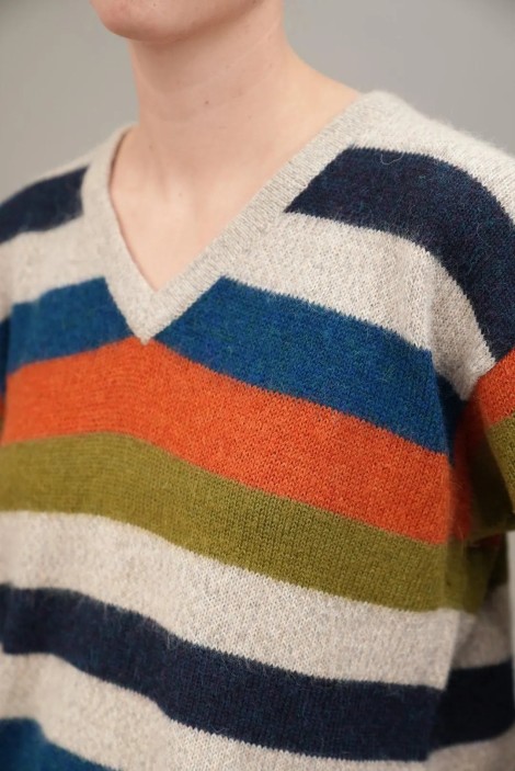 Multicolor Stripe V-Neck Wool Knit Sweater