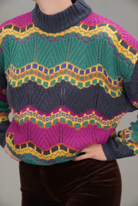 Colorful Chevron Lace Wool Knit Sweater