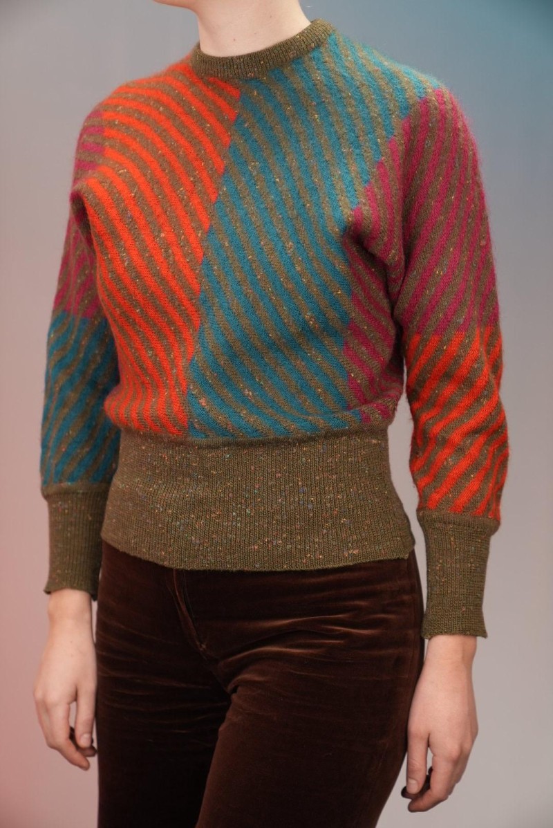 Color-Block Diagonal Stripe Wool Knit Sweater