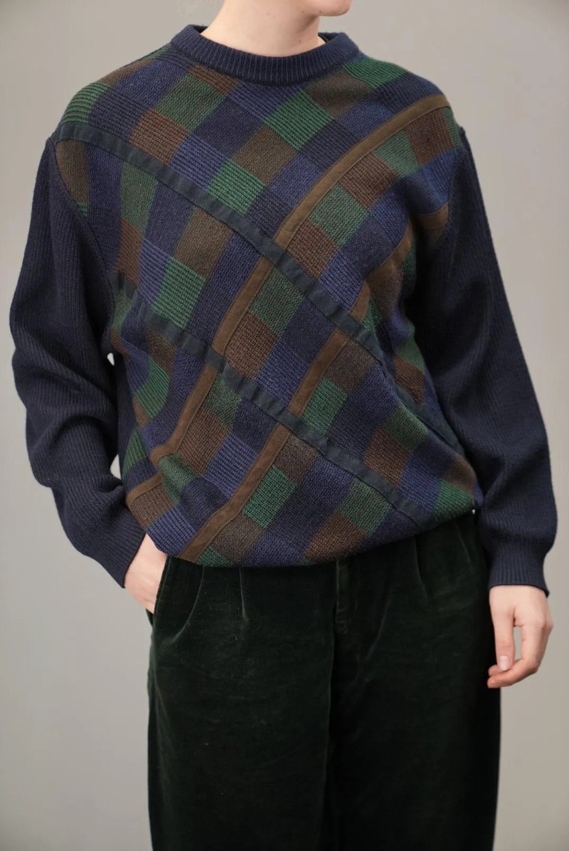 Diagonal Plaid Panel Wool Knit Sweater