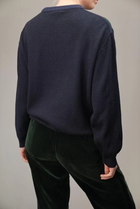 Diagonal Plaid Panel Wool Knit Sweater