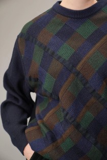 Diagonal Plaid Panel Wool Knit Sweater