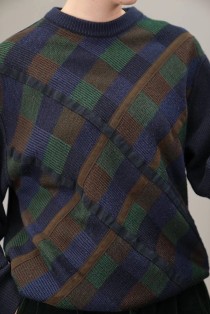 Diagonal Plaid Panel Wool Knit Sweater