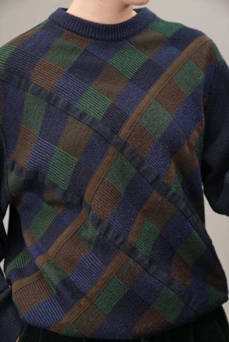 Diagonal Plaid Panel Wool Knit Sweater