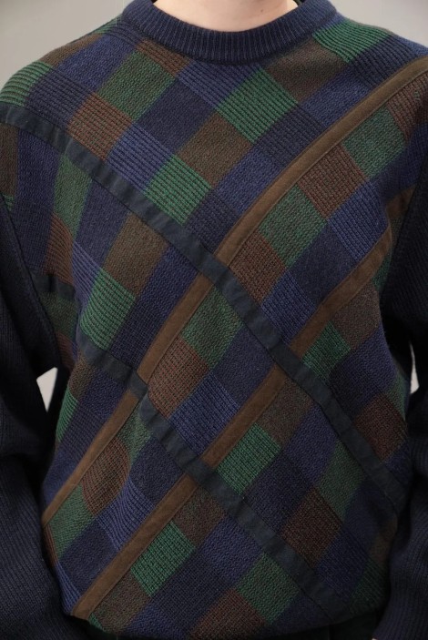 Diagonal Plaid Panel Wool Knit Sweater