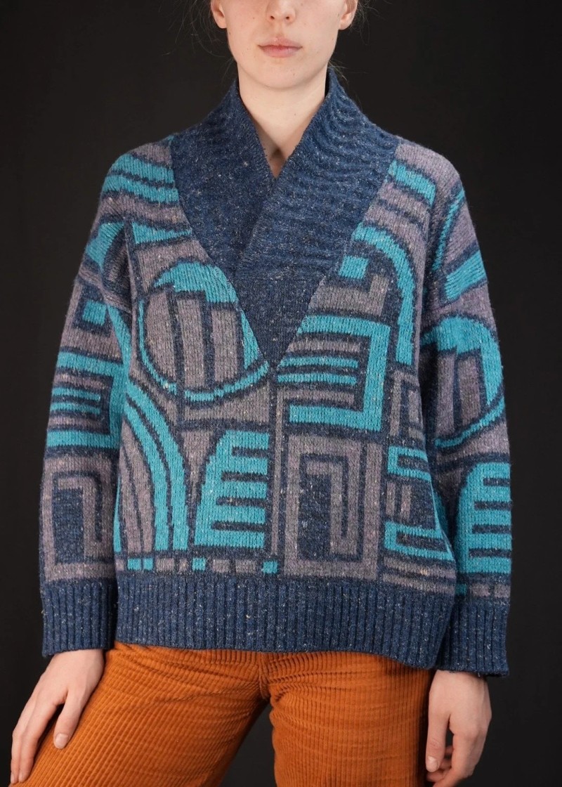 Geometric Shawl-Collar Wool Knit Sweater