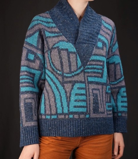 Geometric Shawl-Collar Wool Knit Sweater